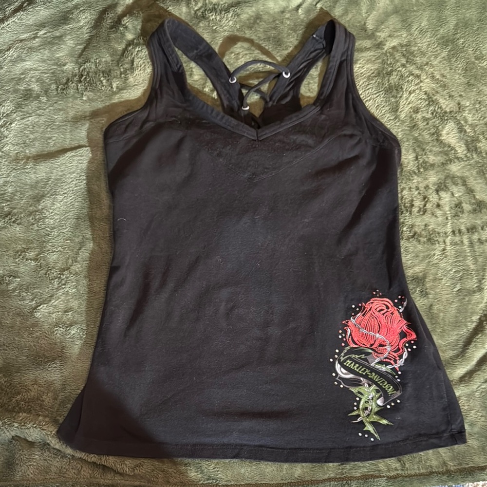 Black Harley Davidson Tank Top with Red Rose Design
